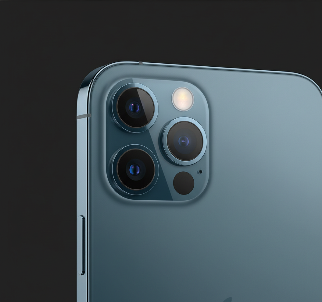 Close-up iPhone 12 Pro triple camera and stainless steel frame