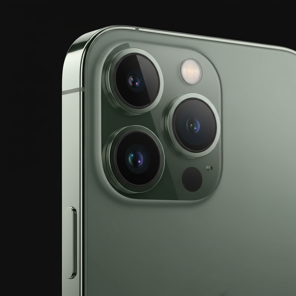 Close-up iPhone 13 Pro triple camera and stainless steel frame